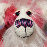 Ada is a sweet, pretty in pink, one of a kind, hand dyed mohair artist teddy bear by Barbara-Ann Bears, Ada stands 12 inches/30 cm tall She is made from hand dyed pink mohair, together with long fluffy white mohair, hand dyed velvet paw pads, hand painted eyes with eyelids, a beautifully embroidered nose and sweet smile