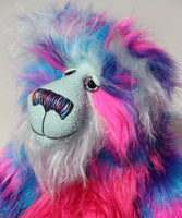 Agnes a huggable and colourful one of a kind artist bear in stunning blue, pink and purple faux fur and gorgeous fluffy turquoise mohair by Barbara-Ann Bears. 
Agnes stands 16 inches/40 cm tall