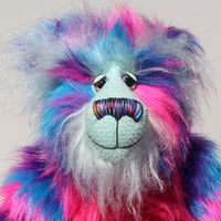Agnes a huggable and colourful one of a kind artist bear in stunning blue, pink and purple faux fur and gorgeous fluffy turquoise mohair by Barbara-Ann Bears. 
Agnes stands 16 inches/40 cm tall