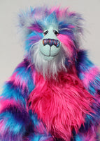 Agnes a huggable and colourful one of a kind artist bear in stunning blue, pink and purple faux fur and gorgeous fluffy turquoise mohair by Barbara-Ann Bears. 
Agnes stands 16 inches/40 cm tall