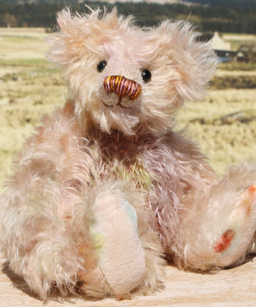 Archibald is a sweet little traditional, one of a kind artist teddy bear, in subtly coloured hand dyed mohair by Barbara Ann Bears he stands 6 inches/15 cm tall