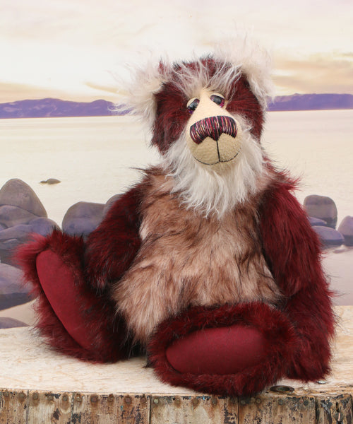 Bearlioz a large one of a kind artist bear in stunning burgundy faux fur and gorgeous fluffy mohair by Barbara-Ann Bears.

Bearlioz stands 19.5 inches/49 cm tall and is 14.5 inches/37 cm sitting.