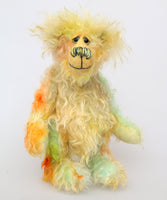 Benjamin Bloom is a wonderfully happy and gorgeously green and yellow one of a kind artist teddy bear by Barbara-Ann Bears he stands 10 inches/25cm tall Benjamin is made from yellow, green and orange long and fluffy hand dyed mohair, with matching hand dyed paw pads, hand painted eyes and a beautifully embroidered nose