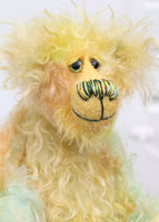 Benjamin Bloom is a wonderfully happy and gorgeously green and yellow one of a kind artist teddy bear by Barbara-Ann Bears he stands 10 inches/25cm tall Benjamin is made from yellow, green and orange long and fluffy hand dyed mohair, with matching hand dyed paw pads, hand painted eyes and a beautifully embroidered nose