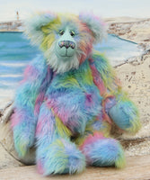 Bluebell is a very large, cuddly and beautifully coloured, 26 inch tall one of a kind, artist bear by Barbara Ann Bears in luxurious fluffy faux fur and mohair.
Bluebell is made from the most gorgeous and luxurious faux fur and mohair, mainly a dense, long and fluffy faux fur in sky blue with delicate magenta, lilac, lime and amber tipping. Her face, the fronts of her ears and the underside of her tail are a long, fluffy pale turquoise mohair. Bluebell has blue velvet paw pads that complement her mohair per