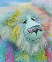 Bluebell has beautiful, large, hand painted glass eyes with hand coloured eyelids, a wonderfully embroidered nose, sewn from individual threads to match her colouring and a warm, loving expression.