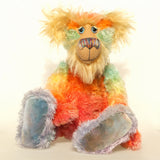 Bossa Nova sitting down, Bossa Nova is a 21 inch colourful, one of a kind, artist teddy bear in gorgeous hand dyed mohair by Barbara-Ann Bears