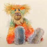 Bossa Nova sitting down, Bossa Nova is a 21 inch colourful, one of a kind, artist teddy bear in gorgeous hand dyed mohair by Barbara-Ann Bears