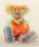 Bossa Nova sitting down, Bossa Nova is a 21 inch colourful, one of a kind, artist teddy bear in gorgeous hand dyed mohair by Barbara-Ann Bears
