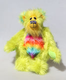 Budgie standing, Budgie is a 14 inch, fun-loving and comical, one of a kind, artist bear by Barbara-Ann Bears in luxurious mohair and rather wild lime and rainbow faux fur