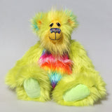 Budgie sitting, Budgie is a 14 inch, fun-loving and comical, one of a kind, artist bear by Barbara-Ann Bears in luxurious mohair and rather wild lime and rainbow faux fur