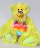 Budgie sitting, Budgie is a 14 inch, fun-loving and comical, one of a kind, artist bear by Barbara-Ann Bears in luxurious mohair and rather wild lime and rainbow faux fur