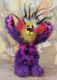 Caramba standing and waving. Caramba is a rather colourful and comical one of a kind artist bear in beautiful purple hand dyed mohair and anmal print faux fur by Barbara Ann Bears