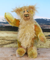 Cardamon standing and waving. 
Cardamon is a gentle, happy teddy bear, a beautifully coloured one of a kind, hand dyed mohair artist bear by Barbara-Ann Bears
Cardamon stands 9.5 inches/24 cm tall cm tall 