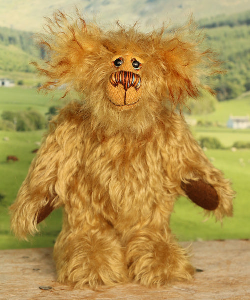 Cardhu standing, Cardhu is a one of a kind antique gold mohair artist bear with hand painted eyes and a sweet smile