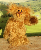 Cardhu standing and waving, Cardhu is a one of a kind antique gold mohair artist bear with hand painted eyes and a sweet smile