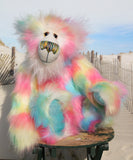 Celeste a sweet and colourful one of a kind artist bear in stunning faux fur and gorgeous fluffy mohair by Barbara-Ann Bears, she stands 15 inches/37 cm tall. she is made from a long faux fur in blue, pink, yellow, lime and lilac with, long fluffy white mohair, large hand painted eyes with eyelids, a splendid nose and a huge, beaming smile. 