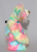 Celeste a sweet and colourful one of a kind artist bear in stunning faux fur and gorgeous fluffy mohair by Barbara-Ann Bears, she stands 15 inches/37 cm tall. she is made from a long faux fur in blue, pink, yellow, lime and lilac with, long fluffy white mohair, large hand painted eyes with eyelids, a splendid nose and a huge, beaming smile. 