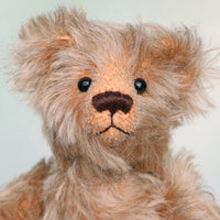 Chorley's face. Chorley is a sweet and loving traditional one of a kind artist bear in beautiful grey flecked German mohair by Barbara Ann Bears, he stands 7.5 inches/19 cm tall