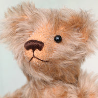 Chorley's face. Chorley is a sweet and loving traditional one of a kind artist bear in beautiful grey flecked German mohair by Barbara Ann Bears, he stands 7.5 inches/19 cm tall