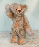 Chorley standing and waving. Chorley is a sweet and loving traditional one of a kind artist bear in beautiful grey flecked German mohair by Barbara Ann Bears, he stands 7.5 inches/19 cm tall