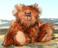 Chutney is an adorably cute little artist bear in wonderful dark brown tipped chestnut mohair by Barbara-Ann Bears, Chutney stands just 7.5 inches(19 cm) tall