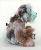 Clarence Cuddlemore artist teddy bear with light blue mohair and multi-coloured brown faux fur, side profile