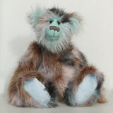 Clarence Cuddlemore artist teddy bear with light blue mohair and multi-coloured brown faux fur.