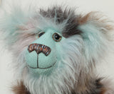 Close-up of Clarence Cuddlemore's face with light blue mohair and multi-coloured brown faux fur.