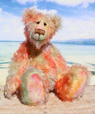 Clement Fiveacres is a 13 inch a one of a kind artist bear by Barbara-Ann Bears in delicately colourful, feathery hand dyed mohair with hand painted eyes, hand dyed velvet paw pads, a beautifully embroidered nose and a sweet smile