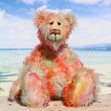 Clement Fiveacres is a 13 inch a one of a kind artist bear by Barbara-Ann Bears in delicately colourful, feathery hand dyed mohair with hand painted eyes, hand dyed velvet paw pads, a beautifully embroidered nose and a sweet smile