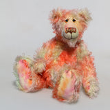Clement Fiveacres is a 13 inch a one of a kind artist bear by Barbara-Ann Bears in delicately colourful, feathery hand dyed mohair with hand painted eyes, hand dyed velvet paw pads, a beautifully embroidered nose and a sweet smile