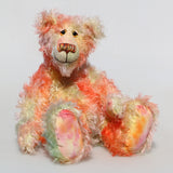 Clement Fiveacres is a 13 inch a one of a kind artist bear by Barbara-Ann Bears in delicately colourful, feathery hand dyed mohair with hand painted eyes, hand dyed velvet paw pads, a beautifully embroidered nose and a sweet smile