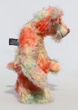 Clement Fiveacres is a 13 inch a one of a kind artist bear by Barbara-Ann Bears in delicately colourful, feathery hand dyed mohair with hand painted eyes, hand dyed velvet paw pads, a beautifully embroidered nose and a sweet smile
