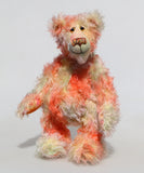 Clement Fiveacres is a 13 inch a one of a kind artist bear by Barbara-Ann Bears in delicately colourful, feathery hand dyed mohair with hand painted eyes, hand dyed velvet paw pads, a beautifully embroidered nose and a sweet smile