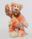 Clement Fiveacres is a 13 inch a one of a kind artist bear by Barbara-Ann Bears in delicately colourful, feathery hand dyed mohair with hand painted eyes, hand dyed velvet paw pads, a beautifully embroidered nose and a sweet smile