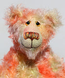 Clement Fiveacres is a 13 inch a one of a kind artist bear by Barbara-Ann Bears in delicately colourful, feathery hand dyed mohair with hand painted eyes, hand dyed velvet paw pads, a beautifully embroidered nose and a sweet smile