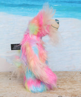 Cordelia standing, viewed from the side showing her profile.
Cordelia a sweet and colourful one of a kind artist bear in stunning multi-coloured faux fur and gorgeous long fluffy white mohair by Barbara-Ann Bears. Cordelia is 12 inches tall