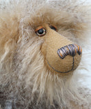 Close up of Cornelius Hoot's face, showing his hand painted eyes with hand coloured eyelids, his beautifully embroidered nose and wonderfully fluffy beige mohair and subtly striped grey and beige faux fur