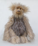 Cornelius Hoot standing. He is an endearingly sweet one of a kind, artist bear by Barbara-Ann Bears in wonderfully fluffy mohair and faux fur