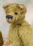 Dimpty Dimwit is sweet and happy bear, a veteran mohair artist bear from Barbara-Ann Bears, he stands 14 inches/36 cm tall. Dimpty Dimwit is made in khaki coloured straight mohair, with a beige mohair tummy and a proper belly button. He has pale beige wool felt paw pads, vintage boot button eyes and a charcoal wool nose