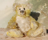 Dorothy teddy bear, a yellow and white hand dyed mohair teddy bear with a multicoloured nose against a white background