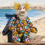 Flower Power is a magnificent, richly colourful one of a kind, artist teddy bear in floral faux fur & gorgeous mohair by Barbara-Ann Bears Flower Power is a big bear standing 20.5 inches/52 cm tall  He is made from a floral faux fur with flowers with pink, blue and yellow flowers, his face is a very long white mohair and his ears and the underside of his tail are a very long yellow mohair the same colour as his wool felt paw pads.