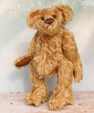 Funky Frankie is a wild and groovy guy, a veteran mohair artist bear from Barbara-Ann Bears, he stands 11 inches (28cm) tall and is 8 inches (20cm) sitting.  Funky Frankie was made in the late 1990s from beautiful English mohair, it's a rich, antique gold, gently distressed mohair and he has brown wool felt paw pads