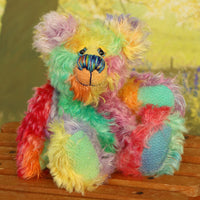 Funky Norman is a wildly joyous and colourful one of a kind, hand dyed mohair artist bear by Barbara-Ann Bears