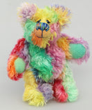 Funky Norman is a wildly joyous and colourful one of a kind, hand dyed mohair artist bear by Barbara-Ann Bears