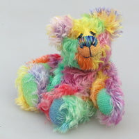 Funky Norman is a wildly joyous and colourful one of a kind, hand dyed mohair artist bear by Barbara-Ann Bears