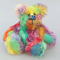 Funky Norman is a wildly joyous and colourful one of a kind, hand dyed mohair artist bear by Barbara-Ann Bears