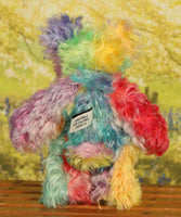 Funky Norman is a wildly joyous and colourful one of a kind, hand dyed mohair artist bear by Barbara-Ann Bears