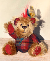 Hamish the Haggis Charmer is an extremely lovable, sweet and happy one of a kind artist bear made from beautiful batik mohair and tartan fabric by Barbara Ann Bears, he stands just 8 inches (20 cm) tall. Hamish is mainly made from a stylish woollen tartan together with a shaggy coffee and beige coloured batik mohair